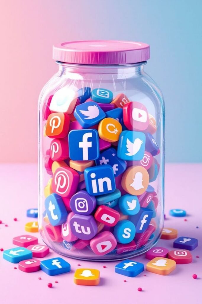 social media marketing icons in glass jar including Facebook Instagram LinkedIn Pinterest and Twitter