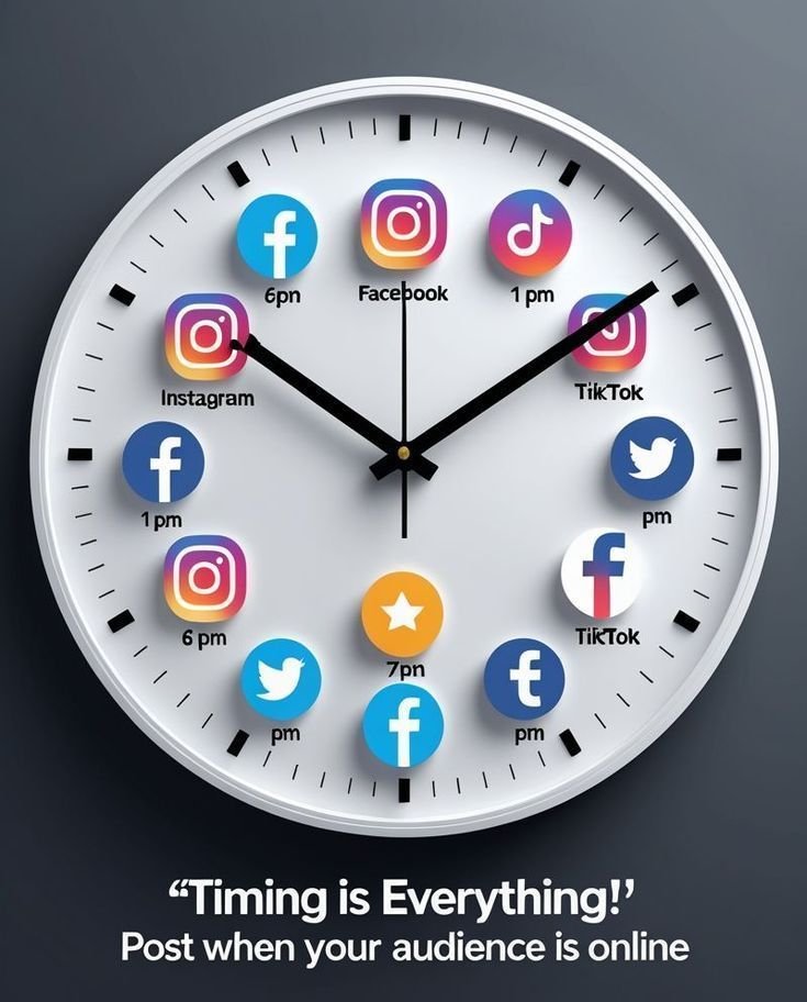 best time to post on social media clock showing Facebook Instagram TikTok and Twitter icons
