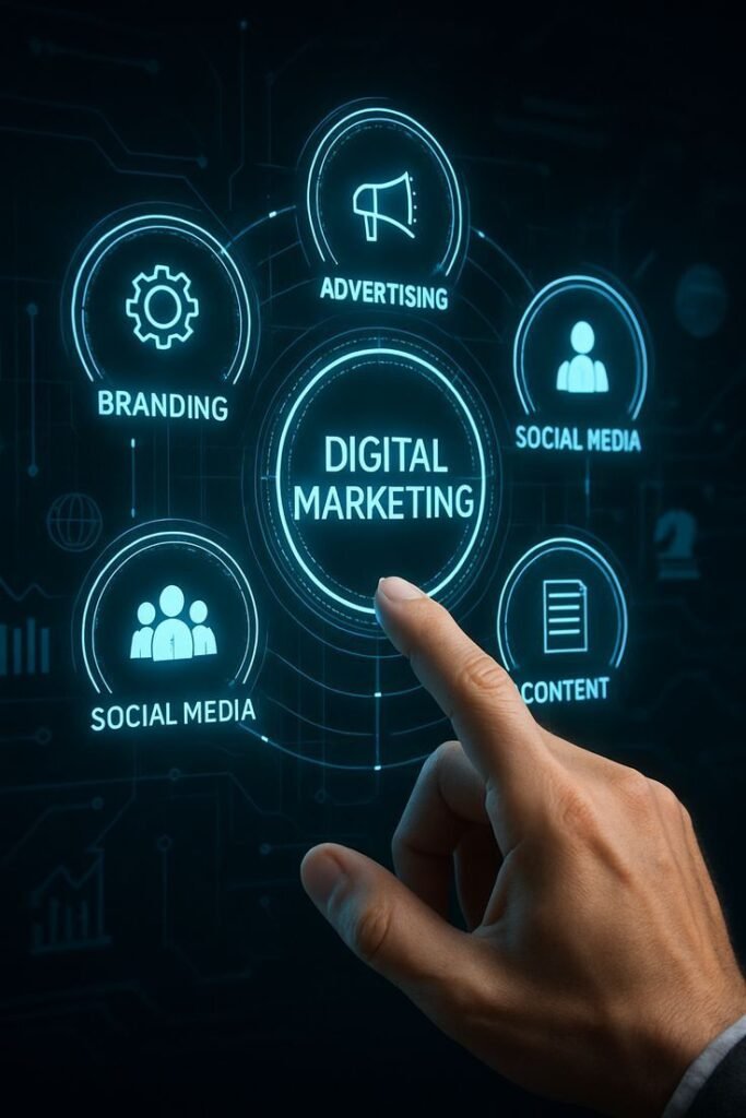 digital marketing strategy concept with branding, advertising and social media icons