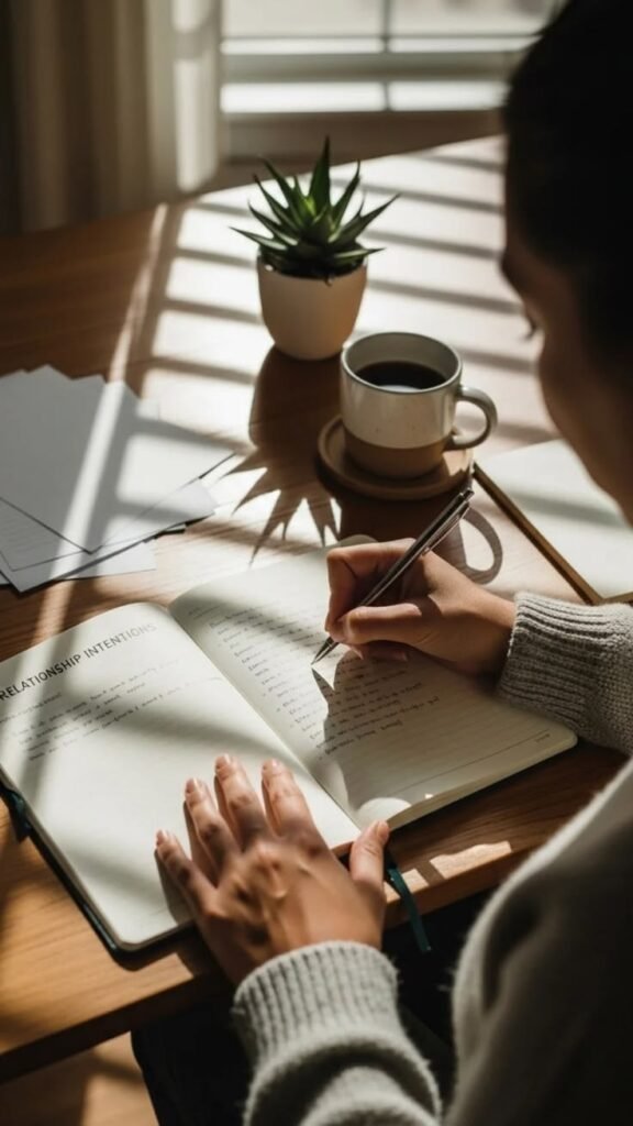 Woman journaling in the morning sunlight with coffee and plant representing daily habits for personal growth