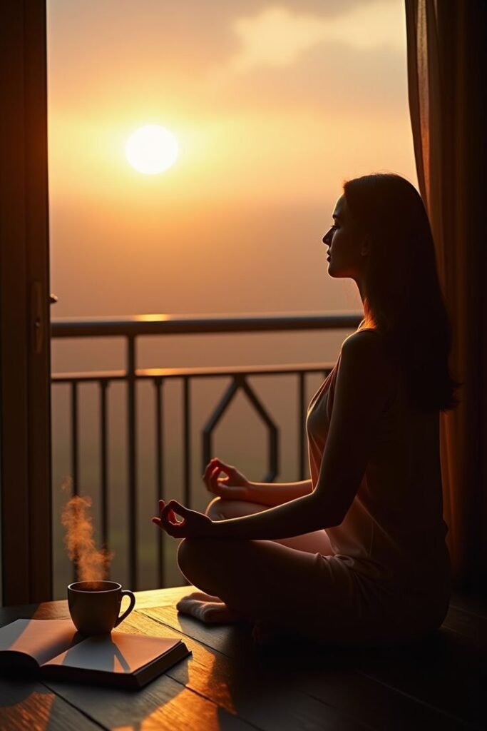 Morning meditation routine for sefl improvement and mindfulness at sunrise as Daily habits for personal growth