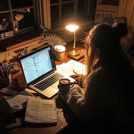 Young woman working on laptop at night surrounded by digital notifications and reminders, representing Time Management tips for better productivity and avoiding distractions.